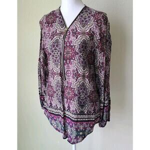 Eclectic Funky‎ Zipper Womens Shirt Colorful Paisley Pink Balloon Sleeve Artsy